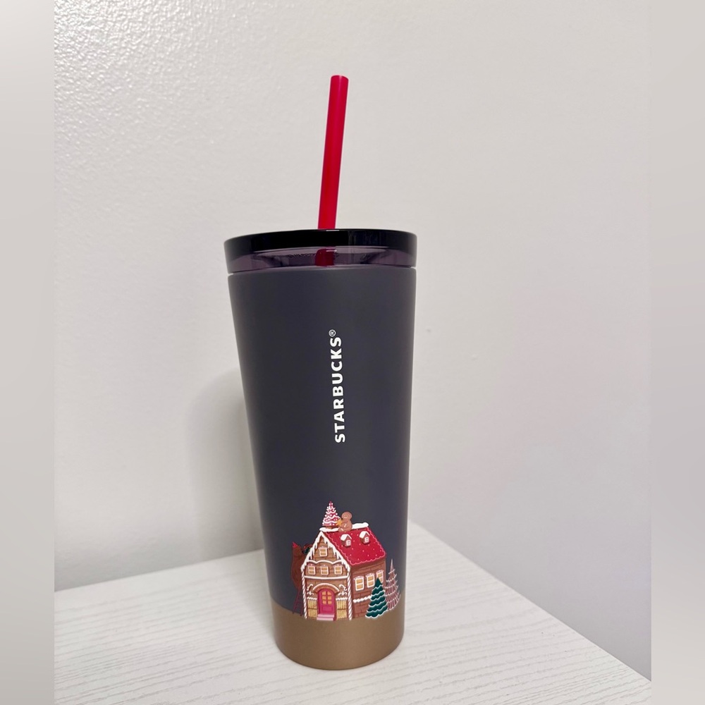 Starbucks Festive Gingerbread House Gray Tumbler with Red Straw, 16 fl. oz